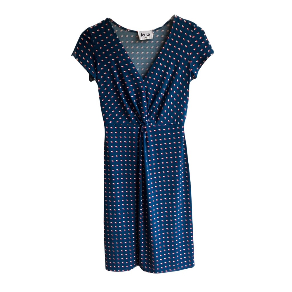 Leota Printed Knee Length Dress Size S Office V-Neck Twist Waist Work Midi Dress